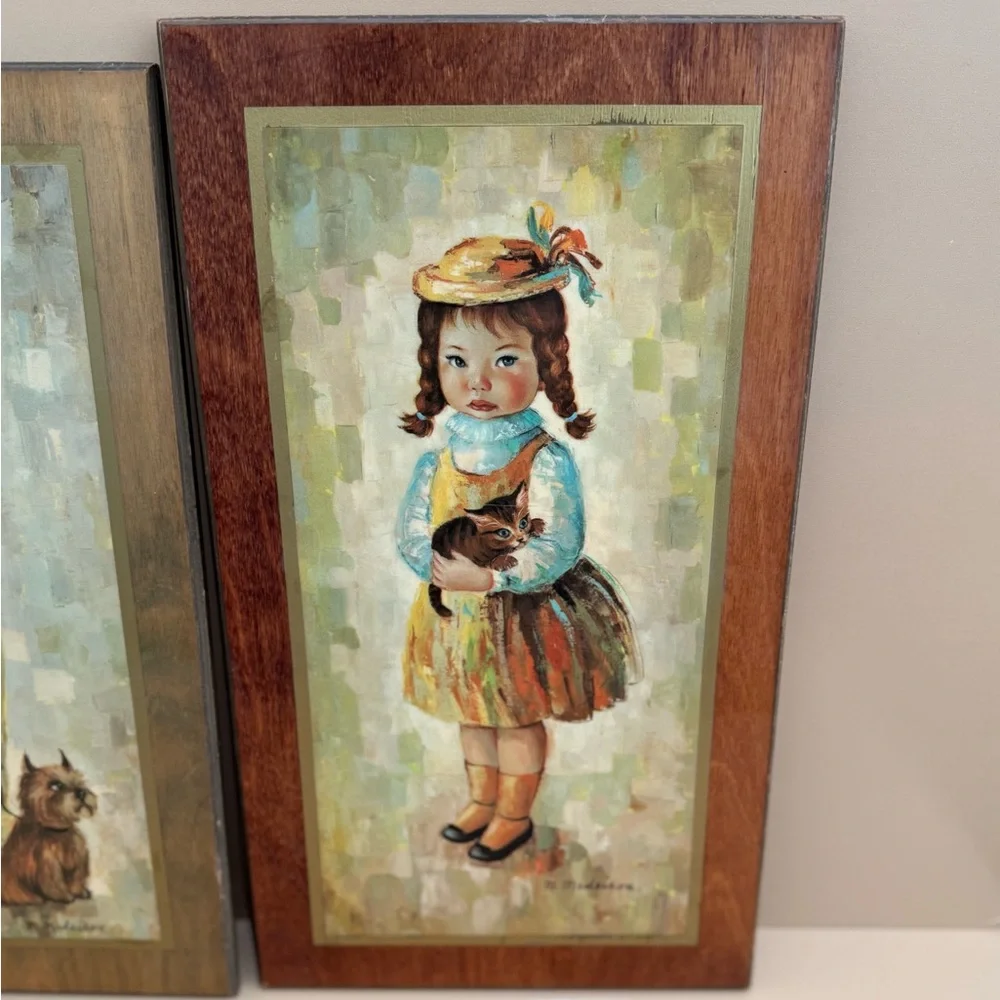 Mid Century Medeiros Girl with Cat and Boy with Dog Big Eye Wall Art - Picture 11 of 13